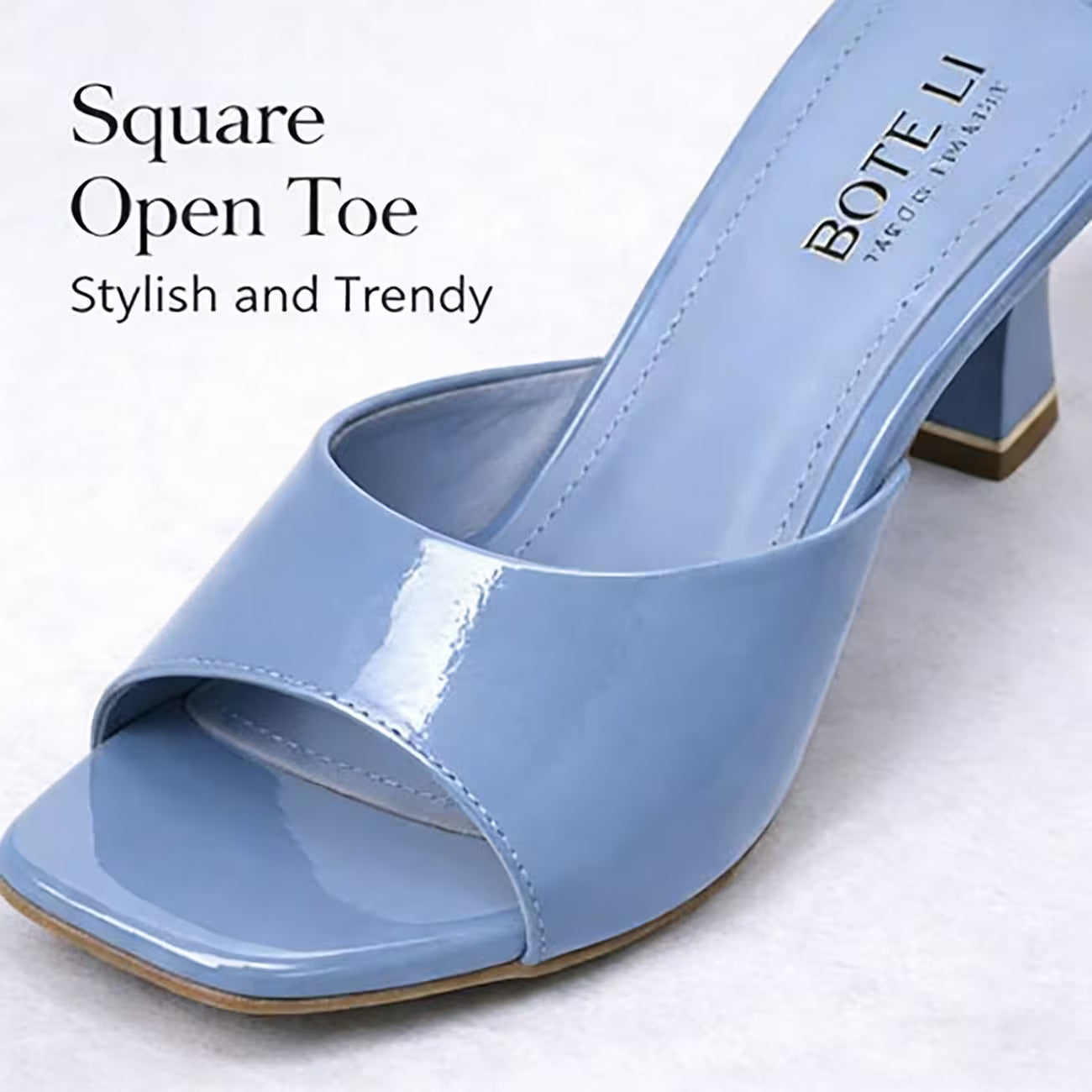 Women's Patent Mule Slides – Open Toe, Block Heel, Golden Trim Detail
