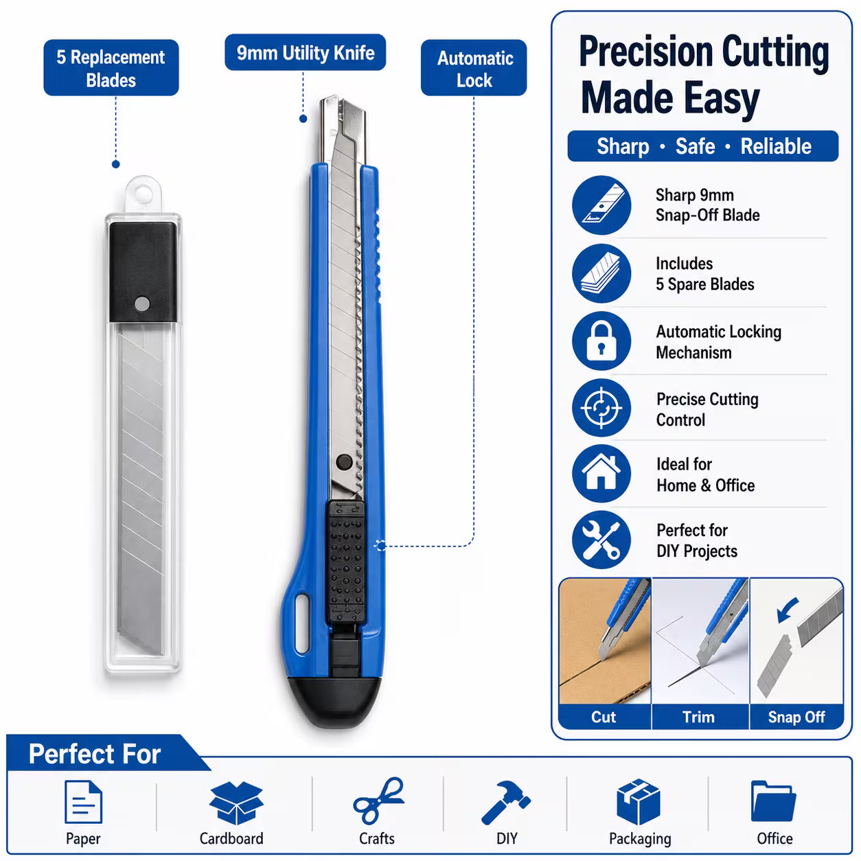 9mm Utility Knife Set – Blue, Automatic Lock Snap-Off Box Cutter, Carbon Steel Blade, 5 Replacement Blades, ABS Handle for Office, Crafts & DIY
