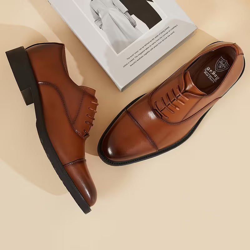 Pack Platinum Collection Men's Burnished British Style Oxfords - Light Brown & Dark Brown, Lace-Up Business Casual Formal Shoes, Soft Sole Wear-Resistant Shoes