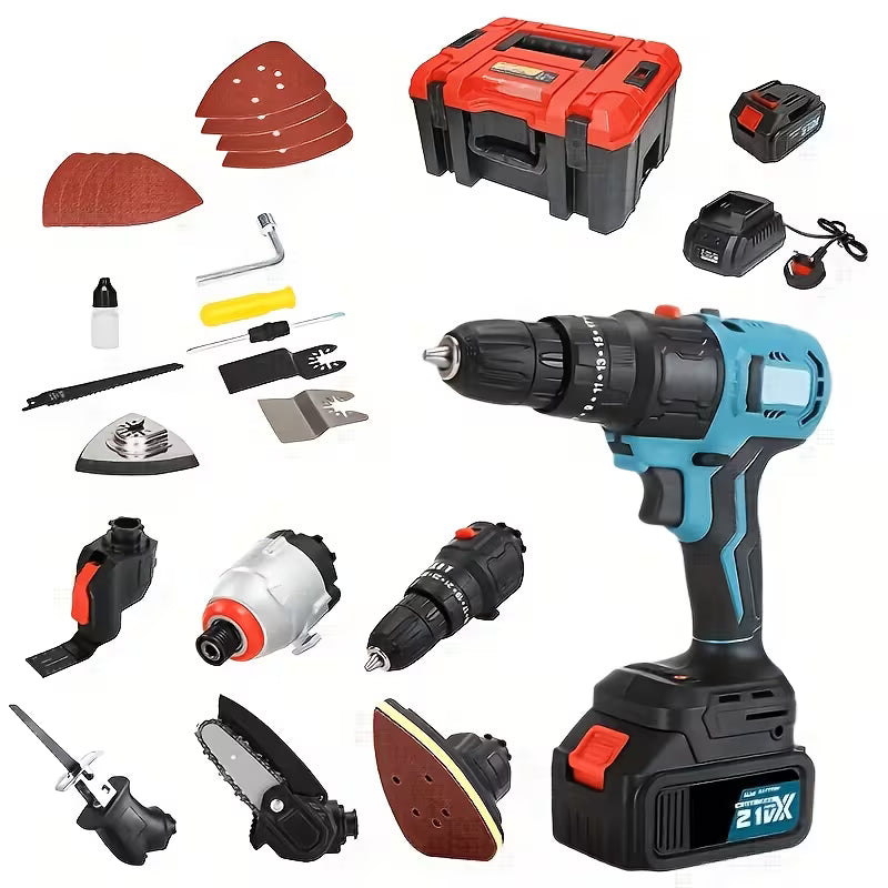 All-in-One Brushless Cordless Power Tool Combo Kit - Blue, 21V 4.0Ah Lithium-Ion Battery, Multi-Functional Woodworking Power Tools, Storage Tool Box, Home DIY & Garden Maintenance Set