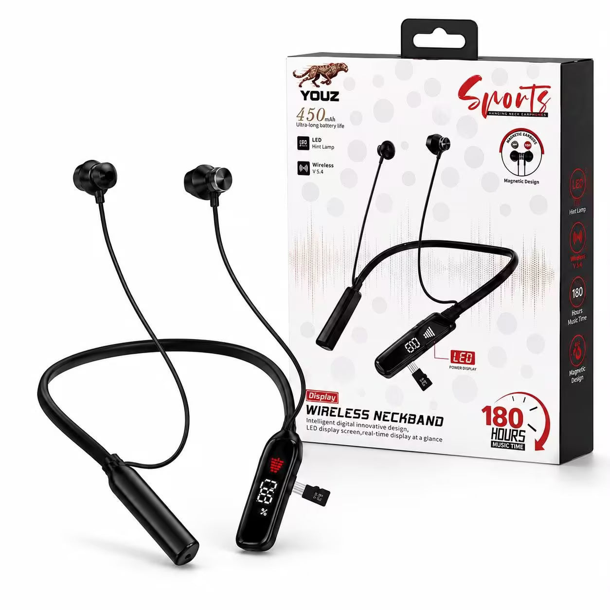 YOUZ Sports Wireless Neckband Earphones V5.4 with LED Display – Black
