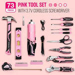 73-Piece Pink Tool Kit with 3.7V Cordless Screwdriver (Pink) – Portable Storage Box & Essential Home Repair Accessories