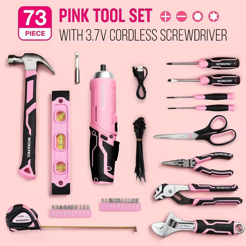 73-Piece Pink Tool Kit with 3.7V Cordless Screwdriver (Pink) – Portable Storage Box & Essential Home Repair Accessories