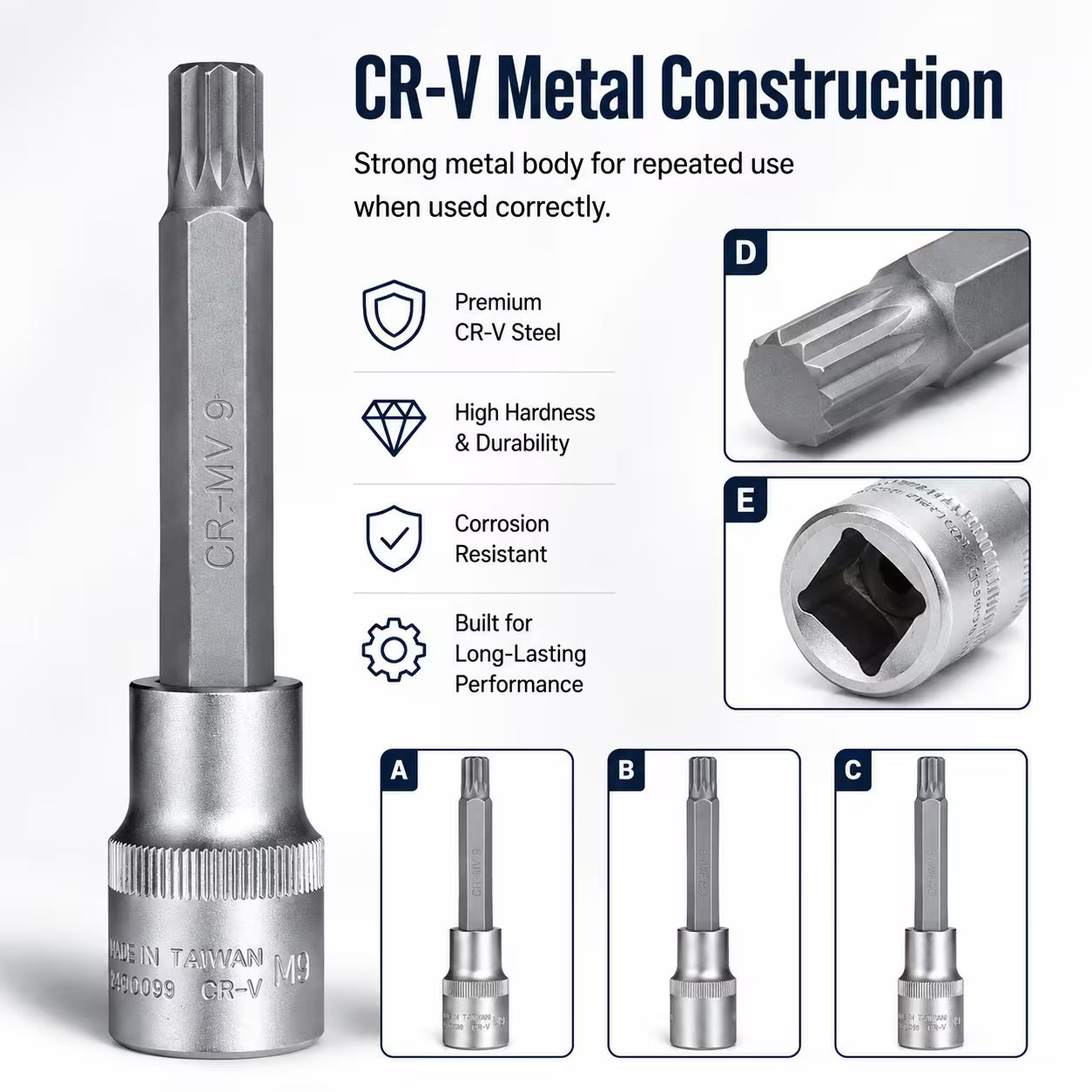 M9 Spline Bit Socket 1/2 Inch Drive (Silver) - 4 Inch Long CR-V Metal Triple Square Socket Tool for Ratchet, Car Repair & Workshop Maintenance