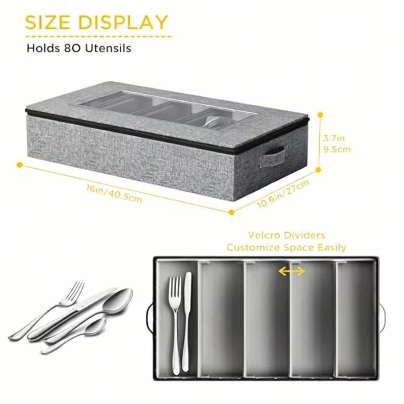 Large-Capacity Linen Dinnerware Organizer with 5 Compartments and Dust-Proof Lid