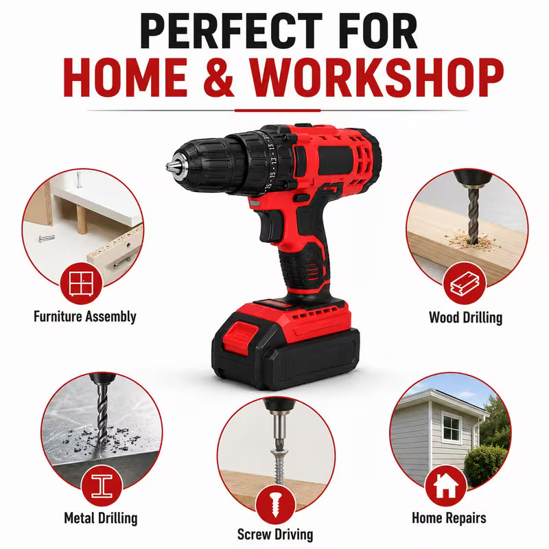 Red & Black 18V Cordless Drill Driver Kit - 13mm Keyless Chuck, Rechargeable Battery Powered, 2 Batteries, Ergonomic Electric Power Drill, ABS & Metal Construction, Portable Tool Set with Carry Case for Home, Woodworking And DIY Projects