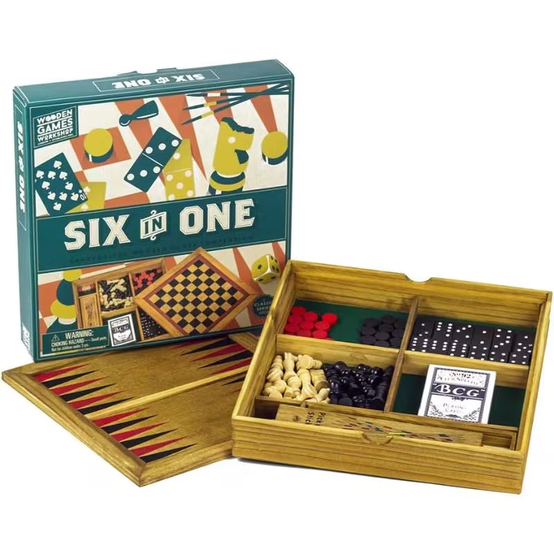 6-in-1 Wooden Toy Set - Default Color Multi-Game Wooden Board Set, Classic Strategy & Family Games for Kids and Adults, Educational Tabletop Game Collection for Home & Travel