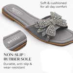 Women’s Square-Toe Rhinestone Bow Slide Sandals – Cushioned Flat Slip-On Shoes