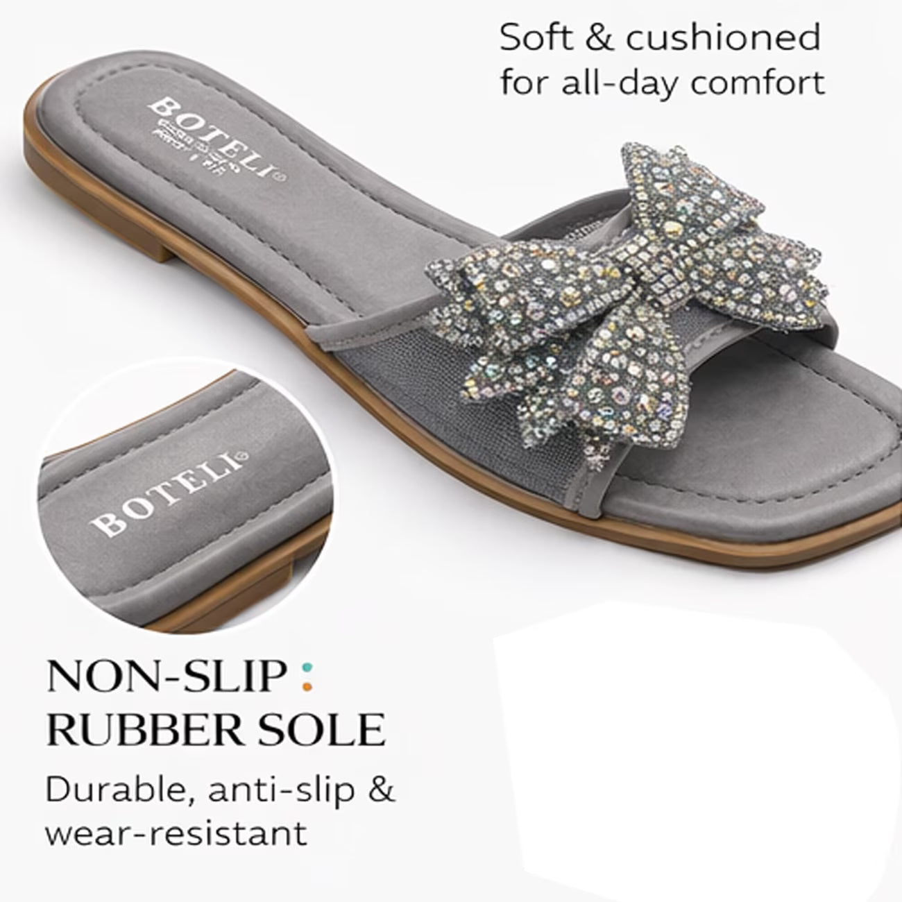 Women’s Square-Toe Rhinestone Bow Slide Sandals – Cushioned Flat Slip-On Shoes