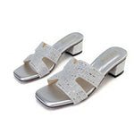 Women's Rhinestone Mule Sandals – Square Toe, Block Heel, Glittery Cut-Out Design