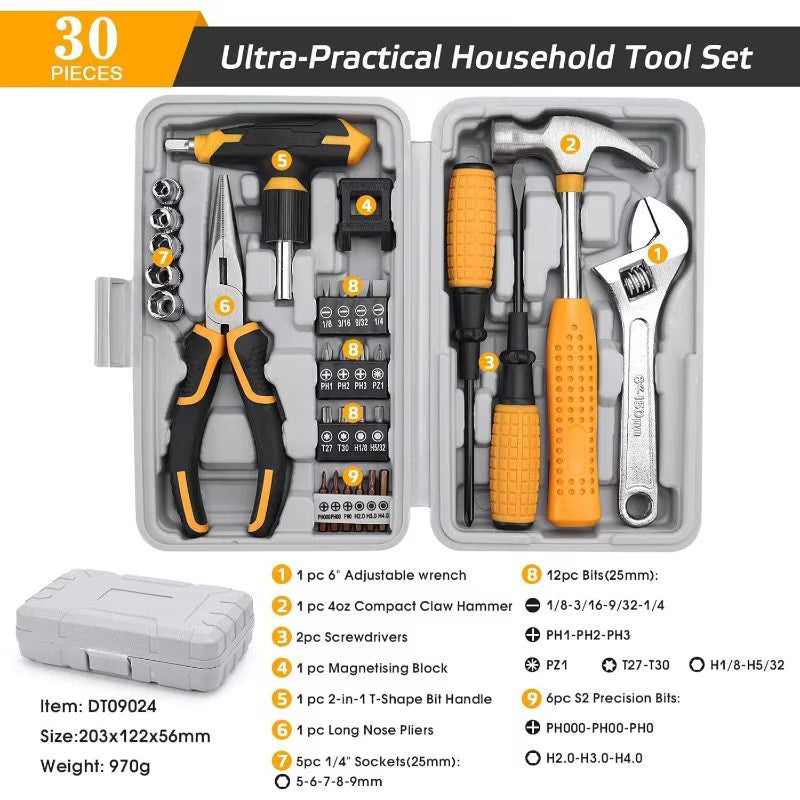 30pcs Home Tool Kit – Black & Red, Household Hand Tool Set with Wrench, Screwdriver & Accessories, Portable Organizer Box for Home, Office & DIY Repairs