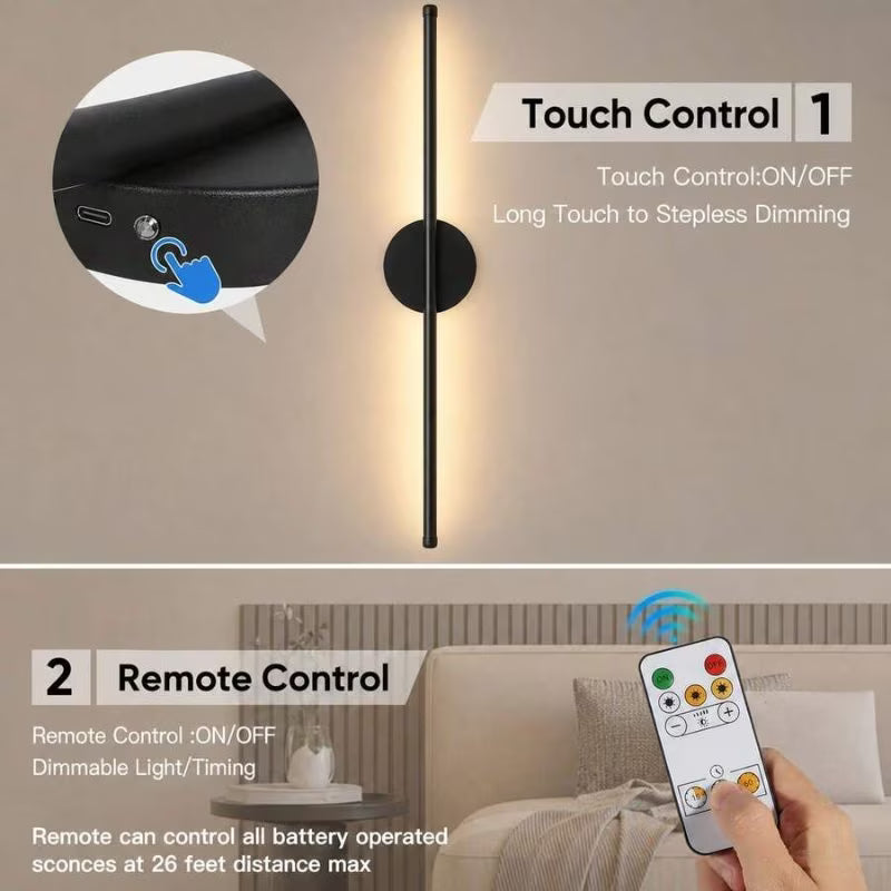 2pcs Rechargeable Wall Lamps - Black, 50cm LED Wireless Wall Sconces, Dimmable Light with Rechargeable Battery, Crystal Design, USB Powered, Modern Wall Lighting for Bedroom, Living Room & Hallway