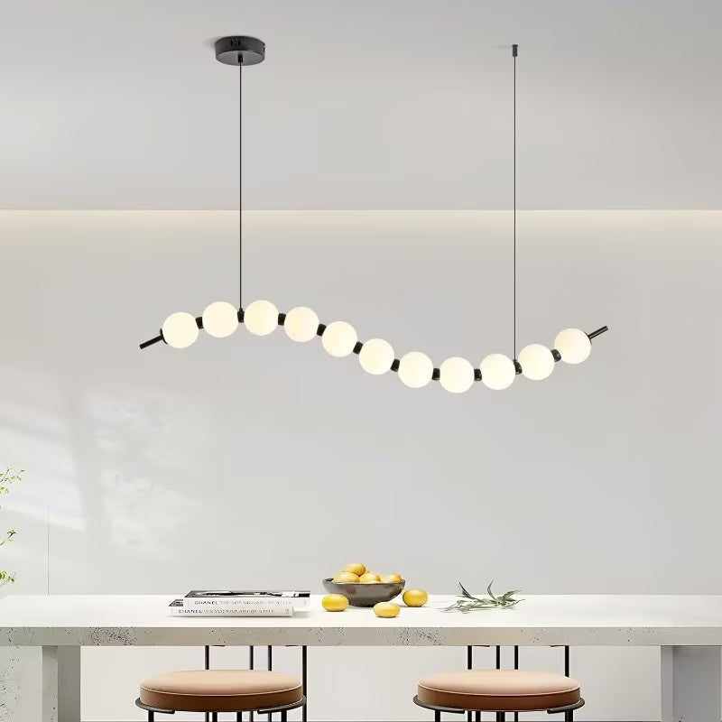 Modern Wave Shape LED Chandelier - Black & White, 18W Acrylic Ball Linear Pendant Light, Adjustable Height, Remote Dimming, 3000K-6000K, Modern Hanging Ceiling Light for Dining Room, Hall & Study