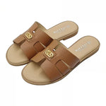 Women’s Cross-Strap Flat Slide Sandals – Open-Toe Shoes with Golden Buckle