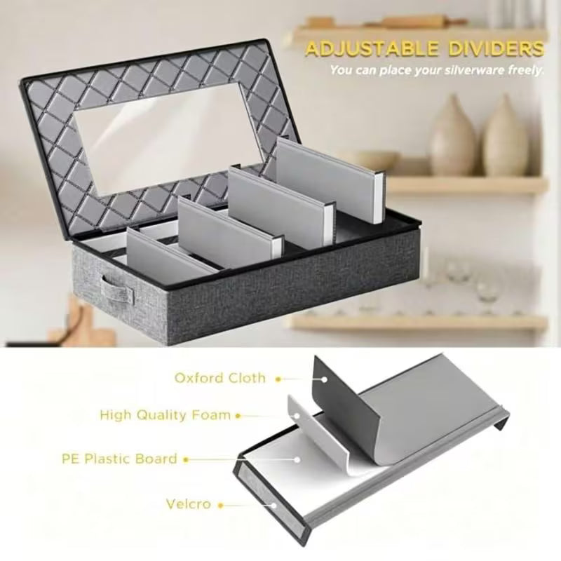 Large-Capacity Dinnerware Organizer – 5 Compartments with Dust-Proof Lid, Gray Linen Design