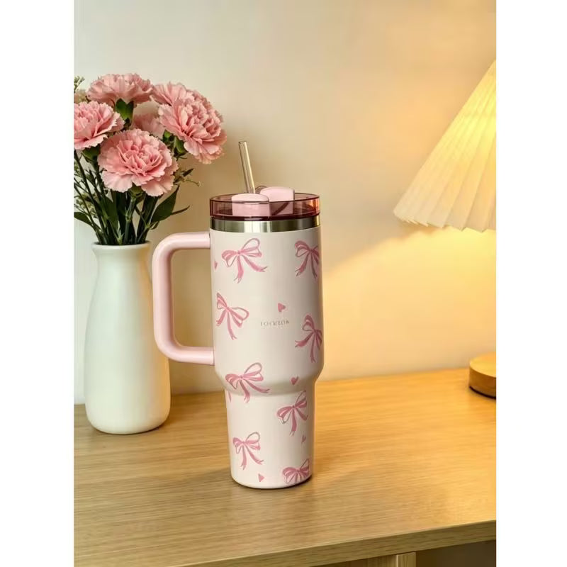 40oz Stainless Steel Tumbler – Pink Floral Design, Straw, Double-Wall Insulated Cup