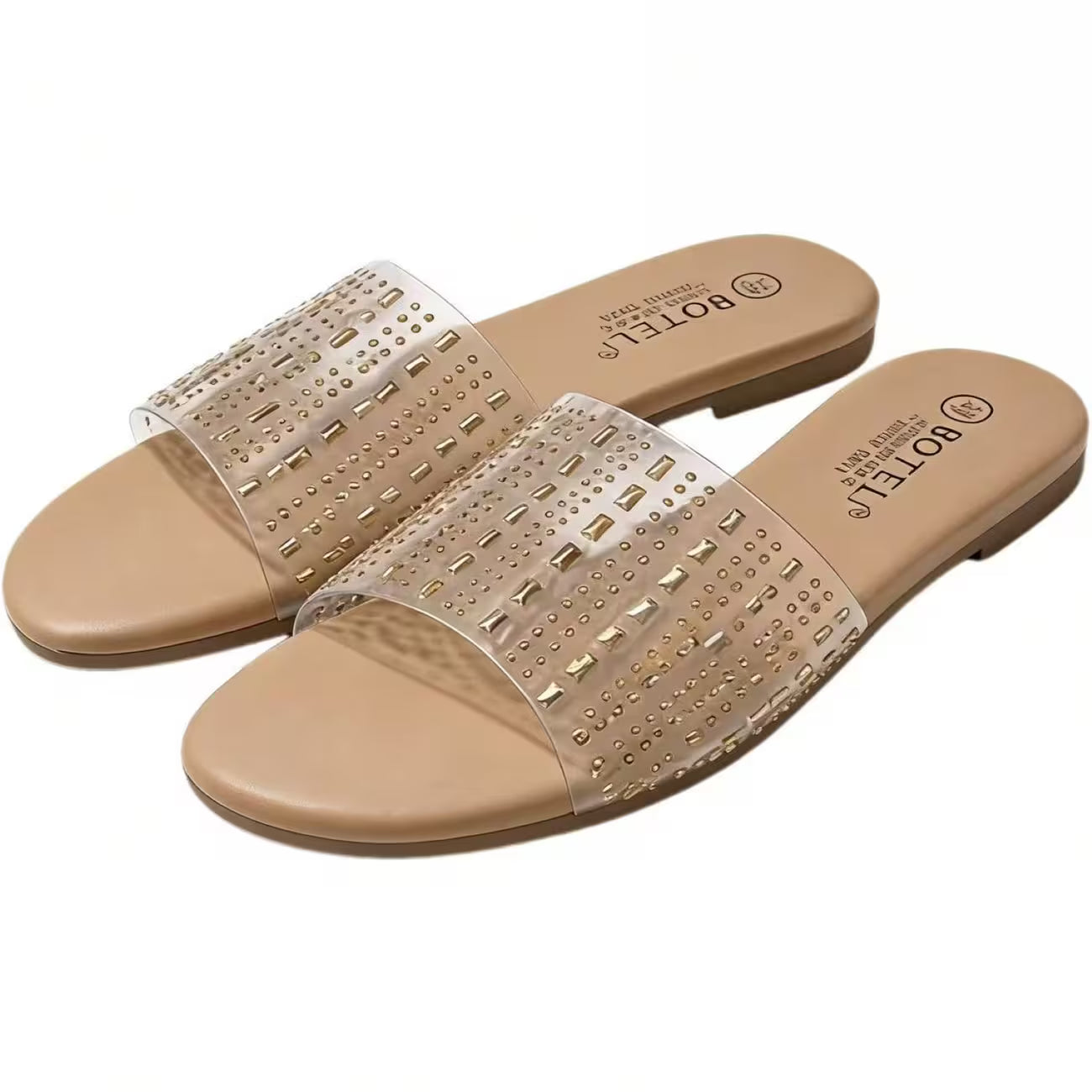 Women’s Clear Rhinestone Slide Sandals – Open-Toe Flat Shoes with Transparent Straps