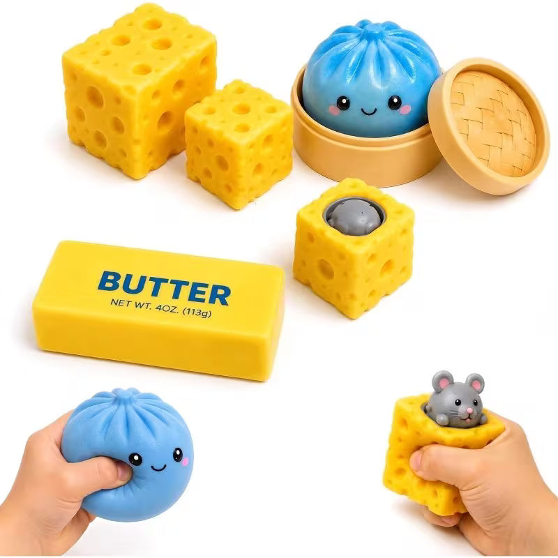 Mixed Color Yellow & White Cheese & Mouse Slow-Rise Foam Toy Set – 5pcs Sensory Fidget & Stress Relief Toys