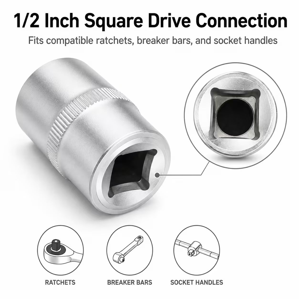1/2-Inch Socket – Silver, 1/2-Inch Square Drive, 6-Point CR-V Chrome Vanadium Steel Socket for Ratchet, Breaker Bar & Automotive Repair