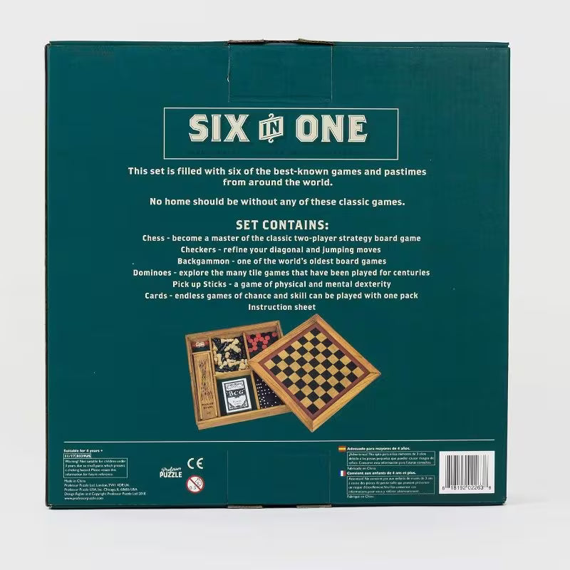 6-in-1 Wooden Toy Set - Default Color Multi-Game Wooden Board Set, Classic Strategy & Family Games for Kids and Adults, Educational Tabletop Game Collection for Home & Travel