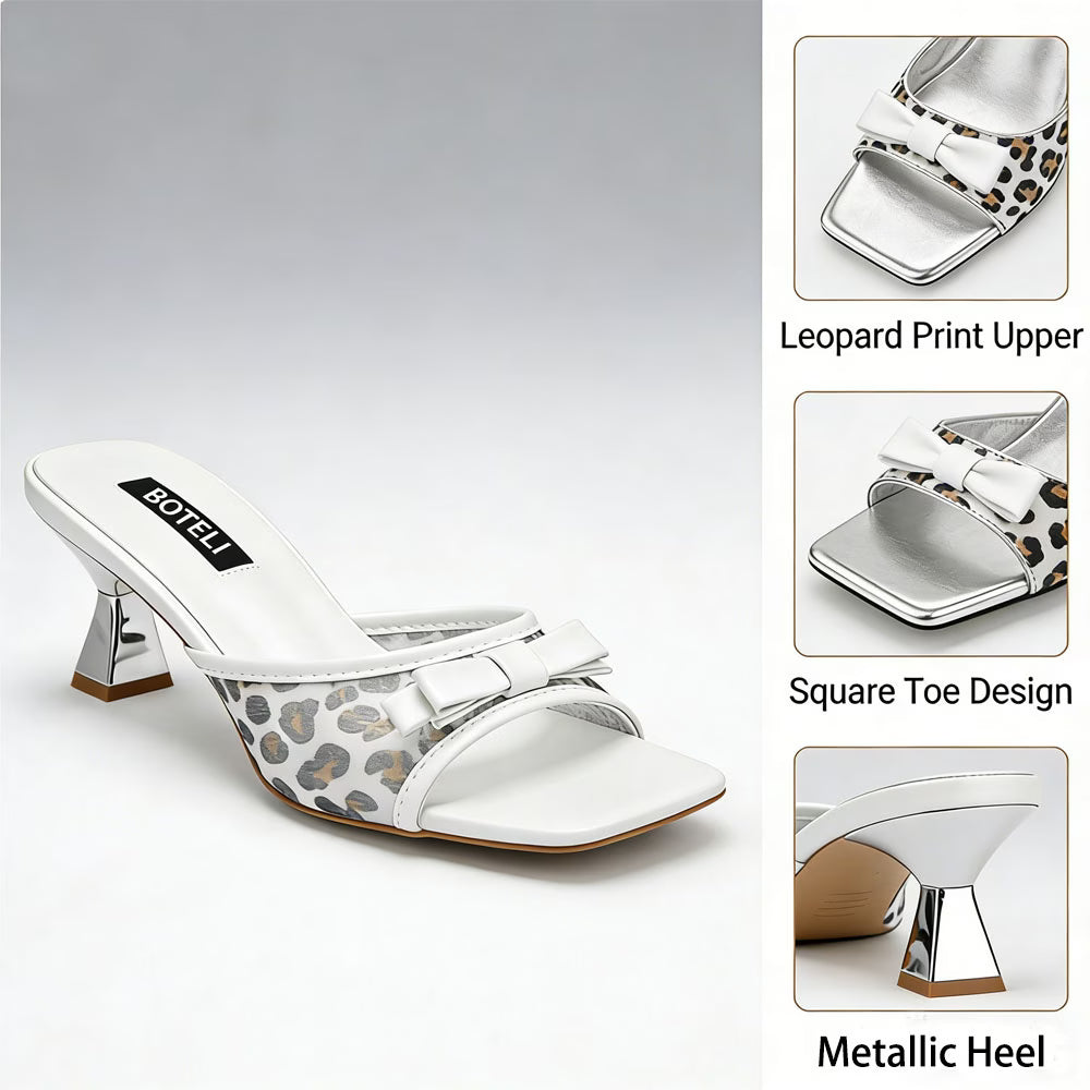 Women's Leopard Print Bow Mules – Square Toe, Metallic Heel, Slip-On Sandals