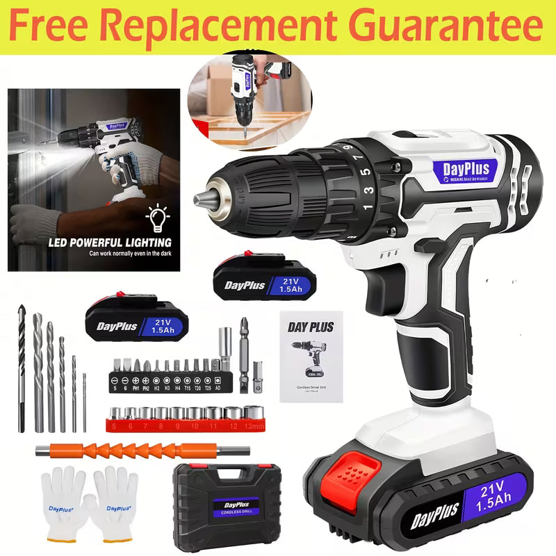 21V Cordless Drill - Black & White, 45NM Brushless Impact Drill, 2 Speed Modes, 0-400/1400RPM, LED Light, 2 X 1500mAh Batteries, Charger, 30pcs Drill Accessories And Plastic Case