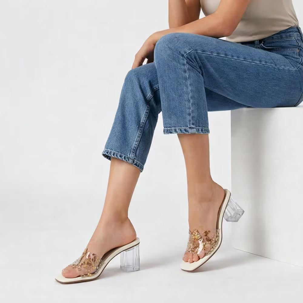 Women's Clear Chunky Heel Mules – Transparent Strap, Square Toe, Open-Toe Design