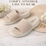 Women’s Ruched Platform Slide Sandals – Open-Toe Wedge Shoes with Braided Straps