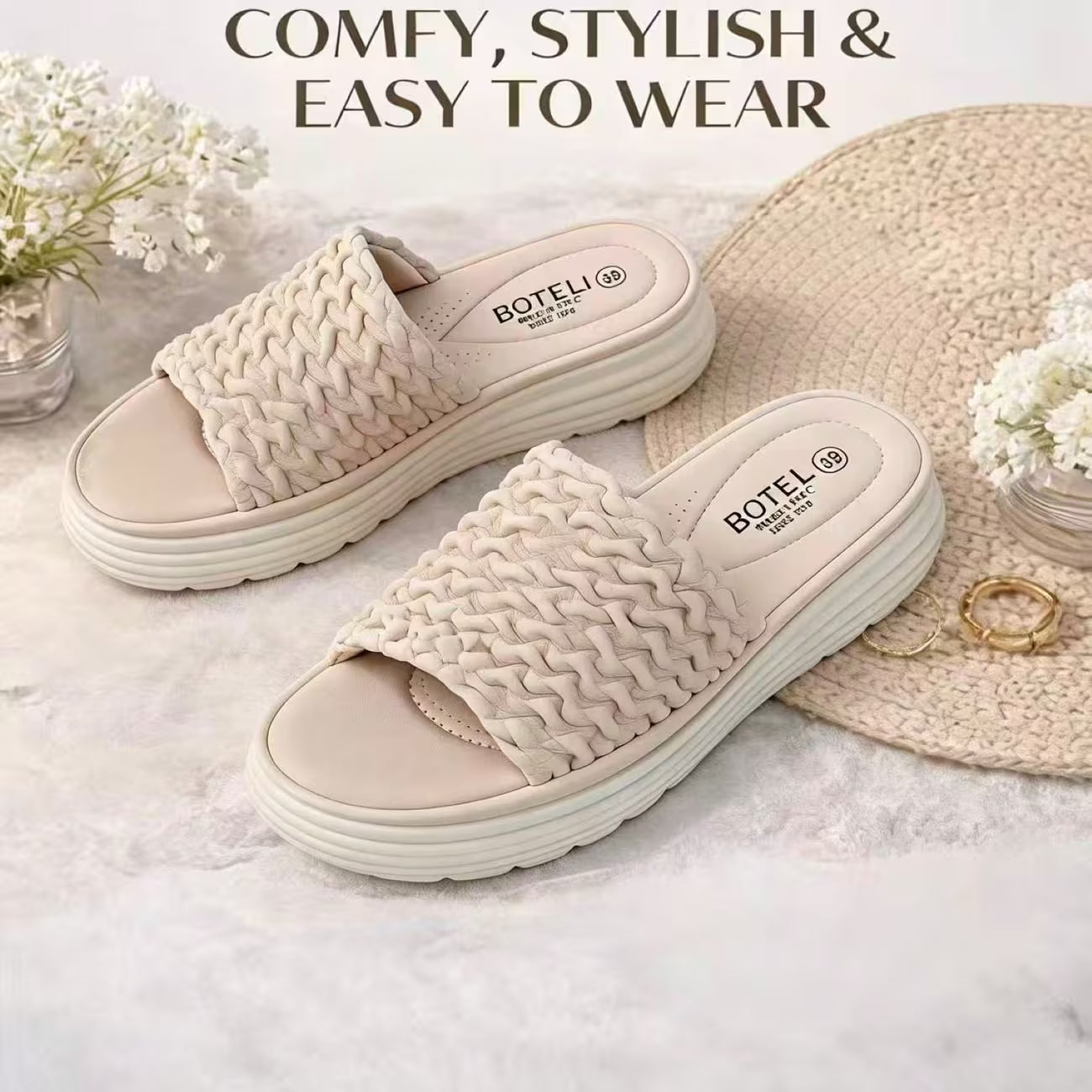 Women’s Ruched Platform Slide Sandals – Open-Toe Wedge Shoes with Braided Straps