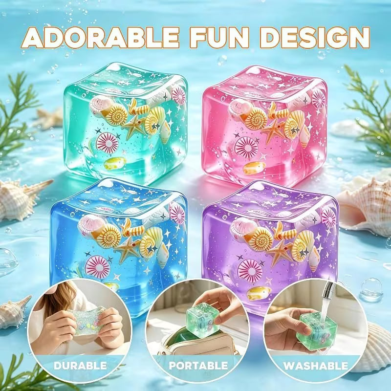 Blue & Multicolor 4-Pack Cube of Ice Stress Balls – Soft Seashell Dough Fidget Toys for Relaxation