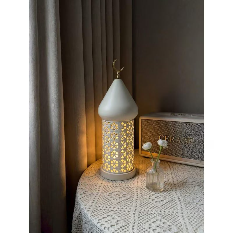Ramadan & Eid Table Lamp - Off-White, Intricate Metal Design with Fairy Lights, Festive Decorative Centerpiece, USB Powered, Modern Islamic-Inspired Home & Party Decor