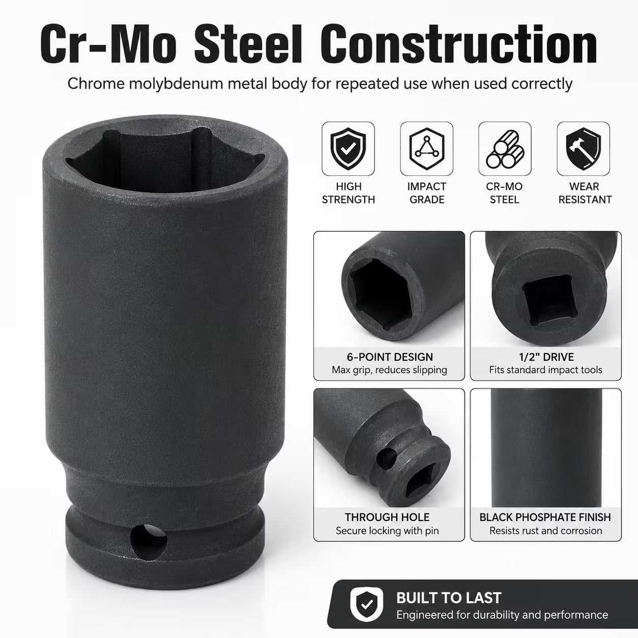 27mm Deep Impact Socket – Black, 1/2-Inch Drive, Long CR-Mo 6-Point Socket for Impact Wrench, Ratchet & Automotive Repair