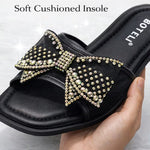 Women’s Rhinestone Bow Square-Toe Slide Sandals – Cushioned Flat Summer Shoes