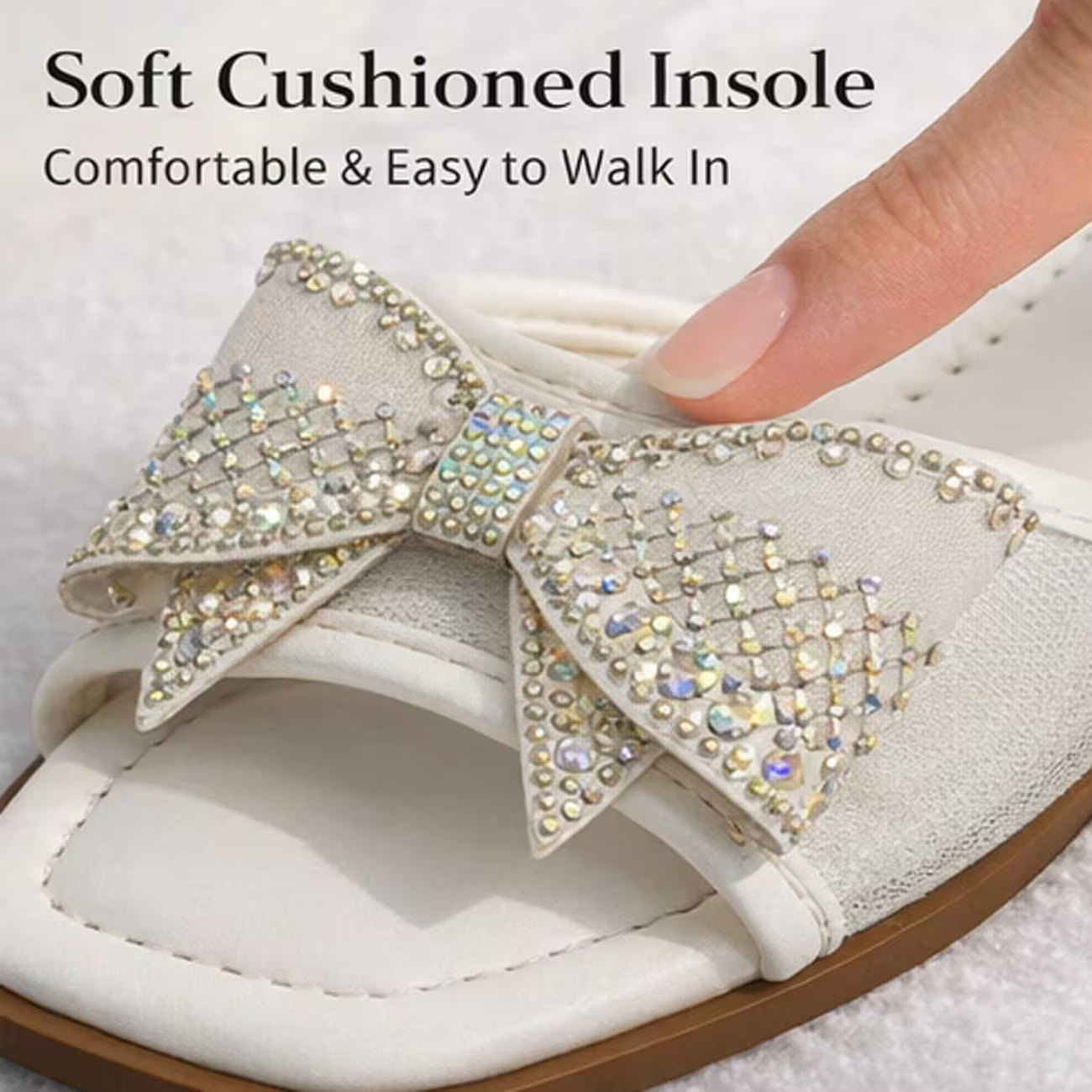 Women’s Rhinestone Bow Square-Toe Slide Sandals – Cushioned Flat Summer Shoes