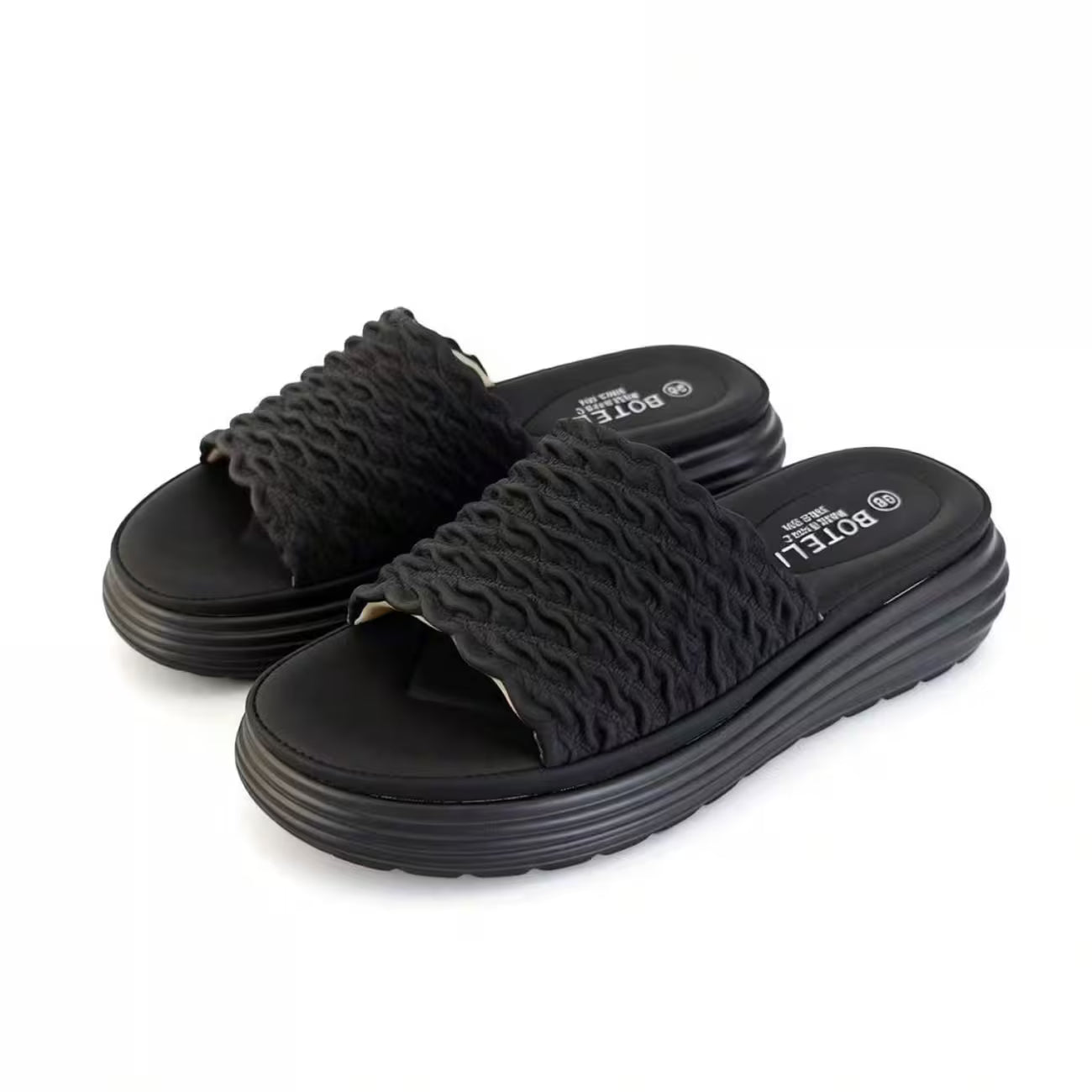 Women’s Ruched Platform Slide Sandals – Open-Toe Wedge Shoes with Braided Straps
