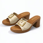Women’s Metal Buckle Mule Sandals – Retro Wood-Texture Block Heel Slip-On Shoes