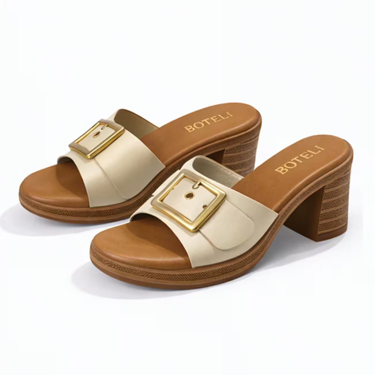 Women’s Metal Buckle Mule Sandals – Retro Wood-Texture Block Heel Slip-On Shoes