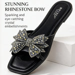 Women’s Square-Toe Rhinestone Bow Slide Sandals – Cushioned Flat Slip-On Shoes