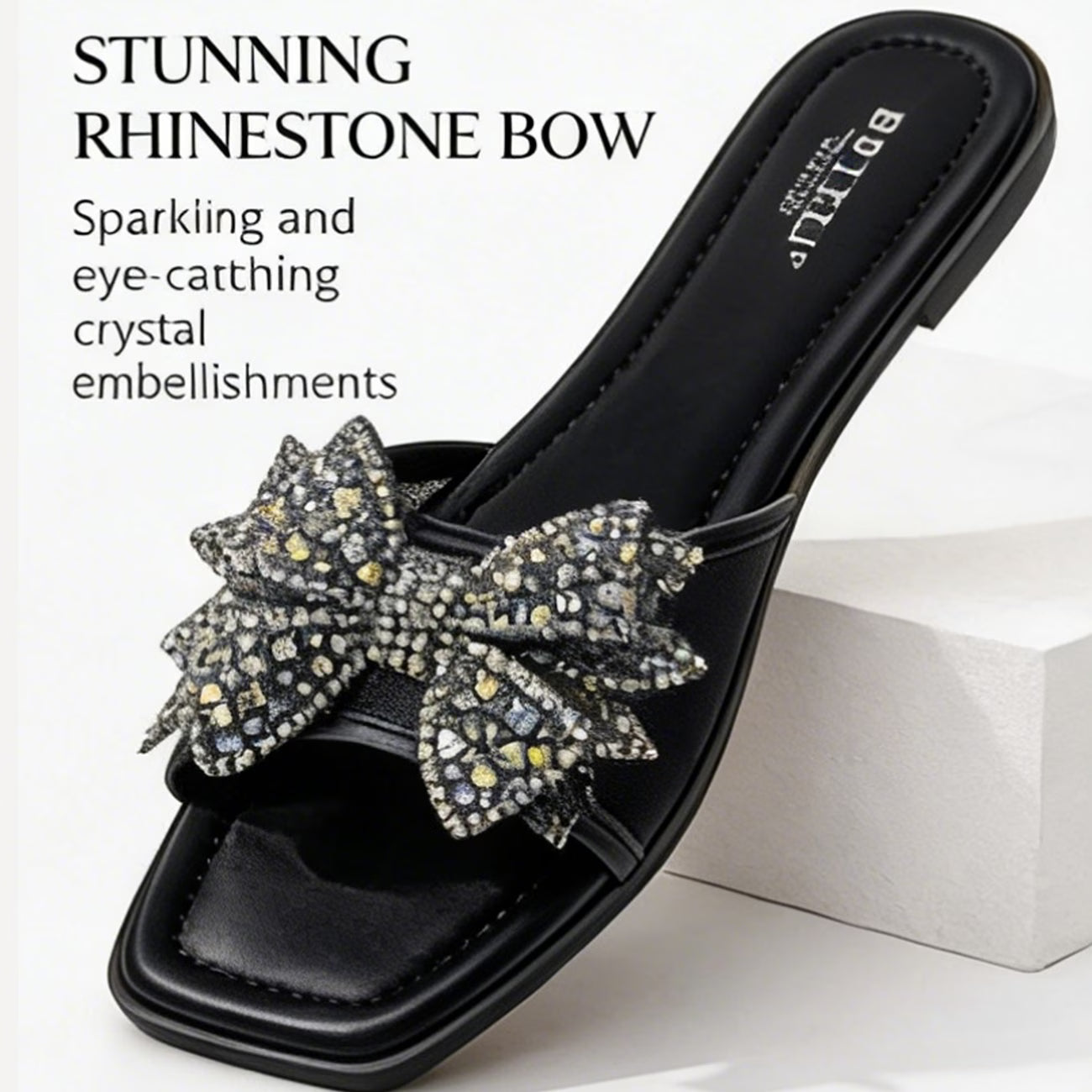 Women’s Square-Toe Rhinestone Bow Slide Sandals – Cushioned Flat Slip-On Shoes