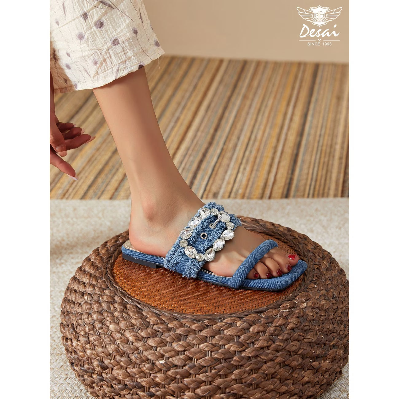 Women’s Denim Rhinestone Sandals – Tassel Low-Heel Summer Shoes