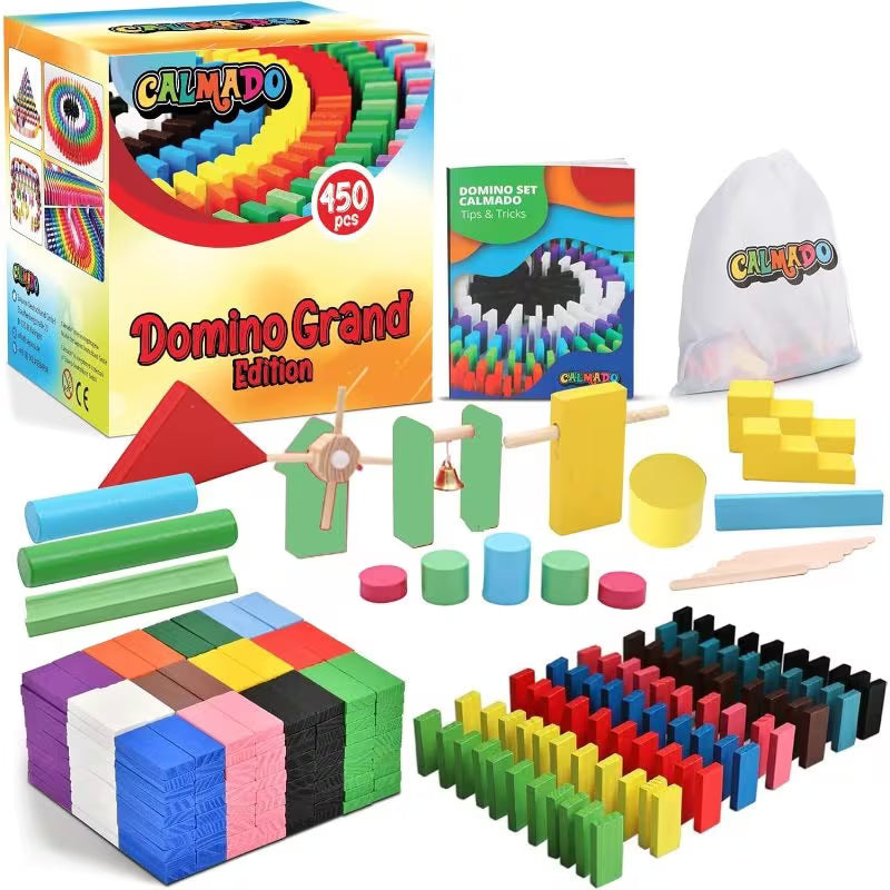 450pcs Domino Set - Natural Wood Wooden Board Game, Grand Family Edition with Storage Case, Instructions Manual & Accessories, Classic Domino Game for Family & Friends