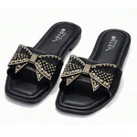 Women’s Rhinestone Bow Square-Toe Slide Sandals – Cushioned Flat Summer Shoes