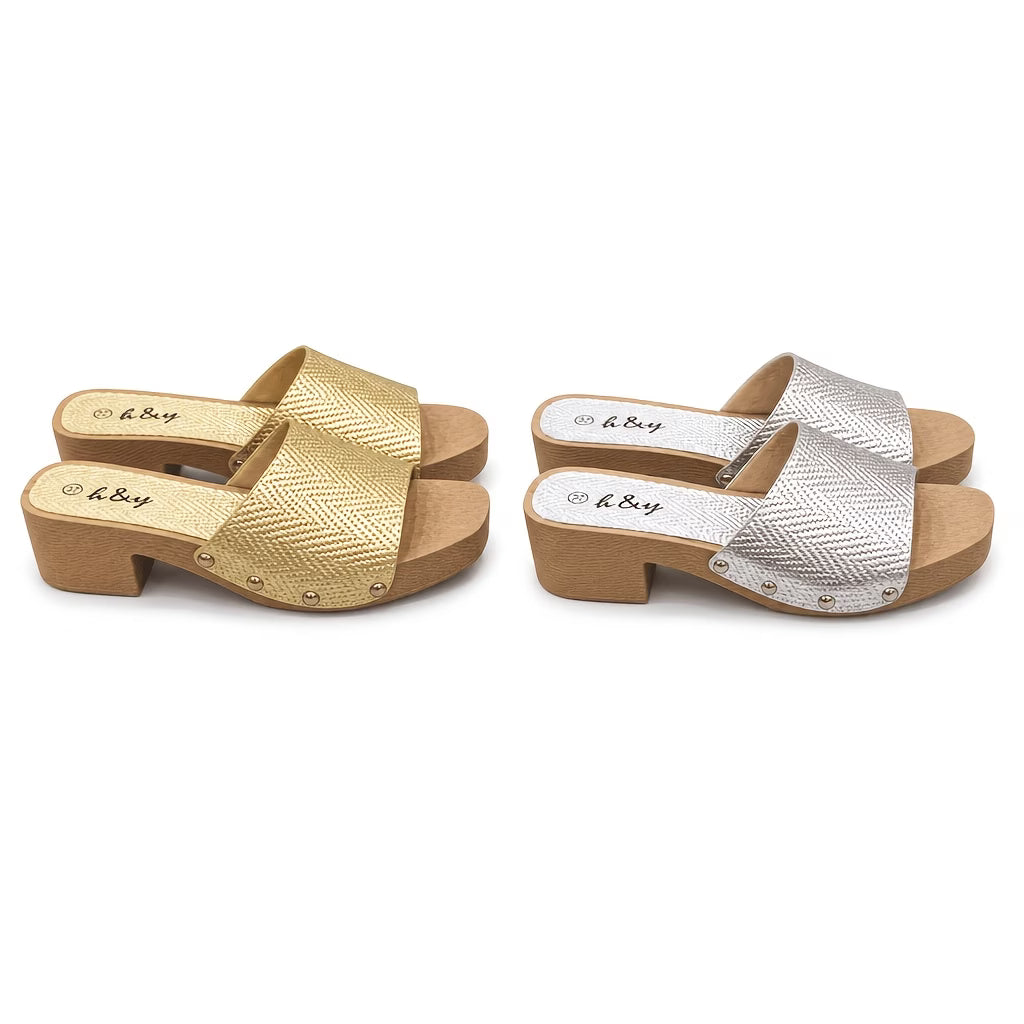 Women's Woven Rattan Mule Slides – Metallic Square Toe, Block Heel Sandals