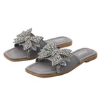 Women’s Square-Toe Rhinestone Bow Slide Sandals – Cushioned Flat Slip-On Shoes