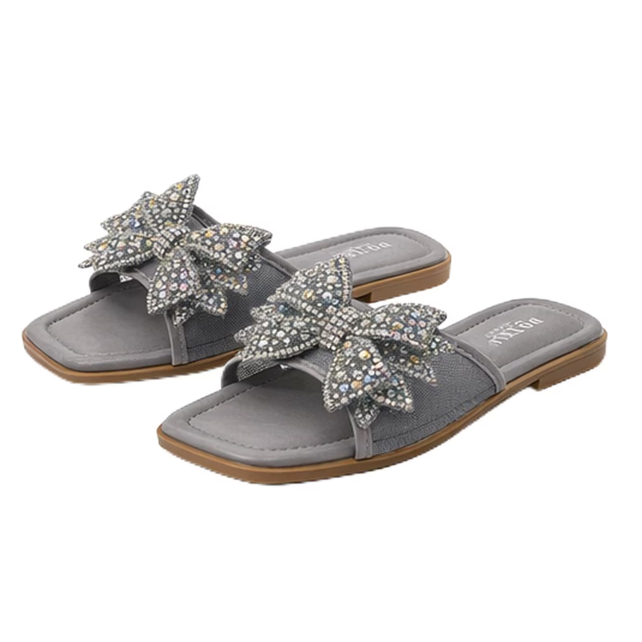 Women’s Square-Toe Rhinestone Bow Slide Sandals – Cushioned Flat Slip-On Shoes