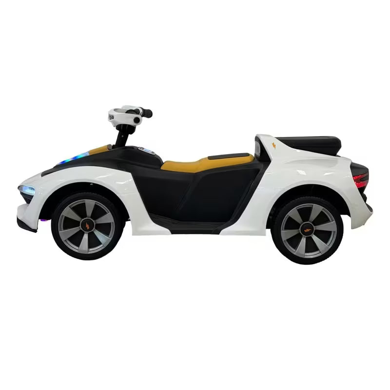 VLRA Kids Electric Ride-On Sports Car - White & Black, LED Lights, Modern Luxury Supercar Style, Battery Powered Vehicle with Leather Seat for Ages 3-6, Children’s Ride-On Car