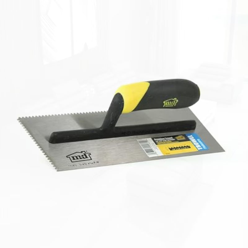 Premium Flat V-Notch Trowel - Silver Blade with Black & Yellow Handle, 1/8" x 1/8" x 1/16" Notch, Stainless Steel Blade, Ergonomic Rubber Handle, Mortar Spreader for Floors & Walls