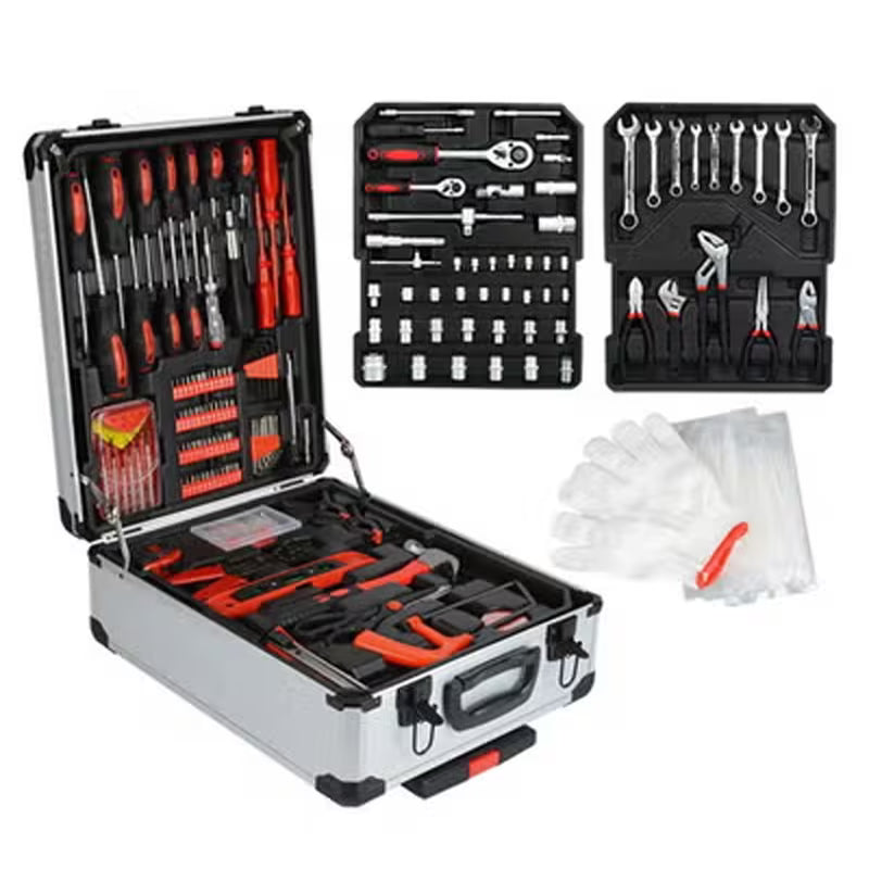 499pcs Professional Hardware Tools Set - Silver & Red, Comprehensive Hand Tool Kit with Aluminum Trolley, Wrenches, Screwdrivers, Pliers, Sockets, Repair Tools, Portable Rolling Storage Case for Home, Workshop & Automotive