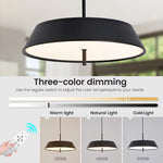 Modern Black LED Pendant Light - 36W, 3-Tier Dimmable Color Temperature 3000K/4000K/6000K, Remote Control, Adjustable Height, 40cm Round Dome Ceiling Light, Semi Flush Mount Fixture for Dining Room, Kitchen Island, Hall & Study