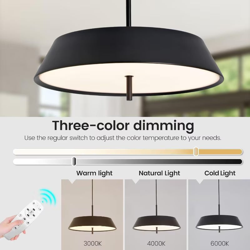 Modern Black LED Pendant Light - 36W, 3-Tier Dimmable Color Temperature 3000K/4000K/6000K, Remote Control, Adjustable Height, 40cm Round Dome Ceiling Light, Semi Flush Mount Fixture for Dining Room, Kitchen Island, Hall & Study